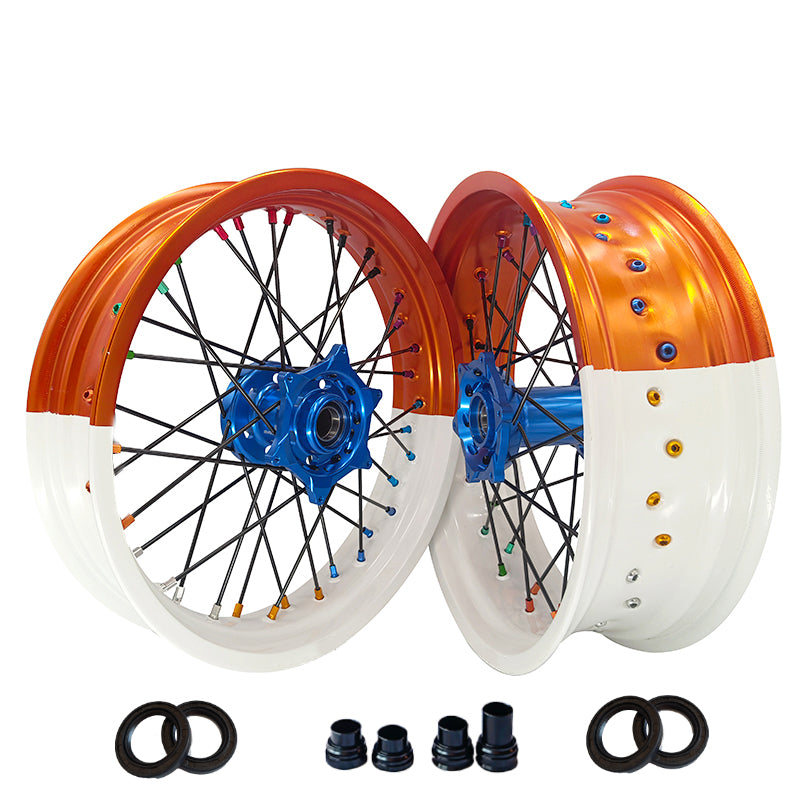 Customizable 17 Inch 36 Spoke White Orange Bicolor Rim Supermoto Wheels for KTM EXC XCW 125-530 2003-2023