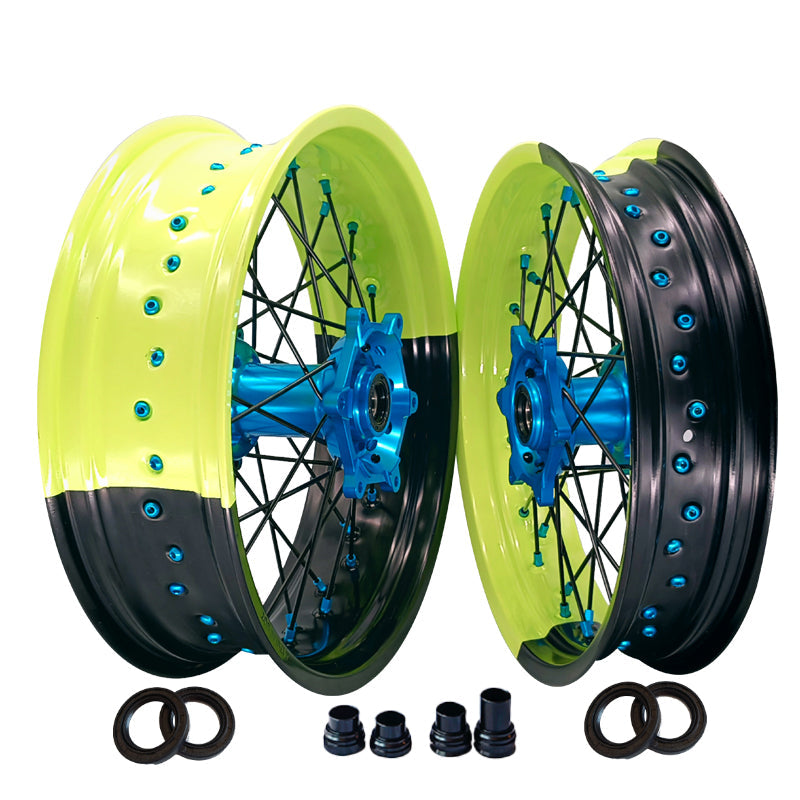 Customizable 17 Inch 36 Spoke SM wheels Black And Fluo Bicolor Rim Supermoto Wheels forKTM SXF SX 125-530 2003-2023