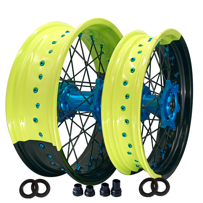 Customizable 17 Inch 36 Spoke SM wheels Black And Fluo Bicolor Rim Supermoto Wheels forKTM SXF SX 125-530 2003-2023