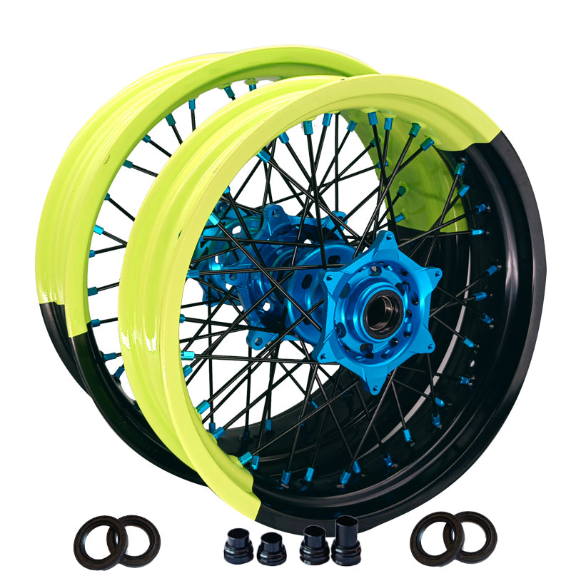 Customizable 17 Inch 36 Spoke SM wheels Black And Fluo Bicolor Rim Supermoto Wheels for KTM EXC XCW 125-530 2003-2023