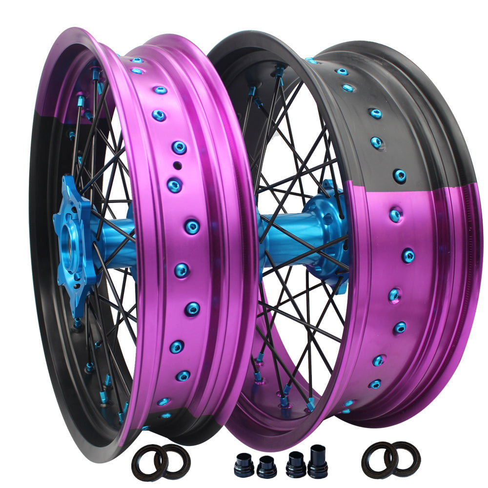 Customizable 17 Inch 36 Spoke Balck And Purple Bicolor Rim SM Supermoto Wheels for YAMAHA YZ 250F 2002-2023 YZ 450F 2003-2023 YZF 250X 2015-2023 YZF 450X 2016-2023