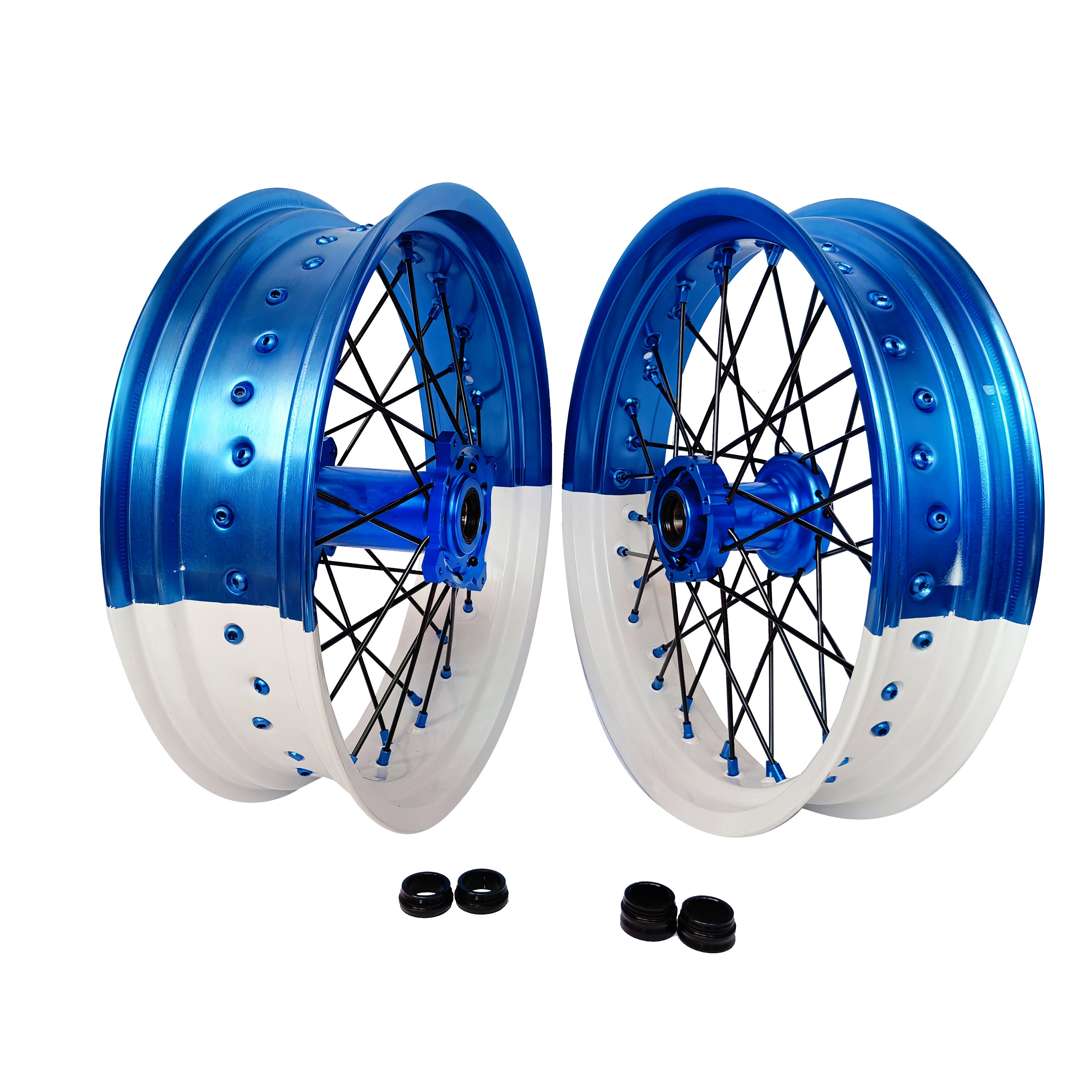 Customizable 17 Inch 36 Spoke Blue And White Bicolor  Rim Blue Hub Motard Wheels  Supermoto Wheels for TM EN MX SMR 125-300