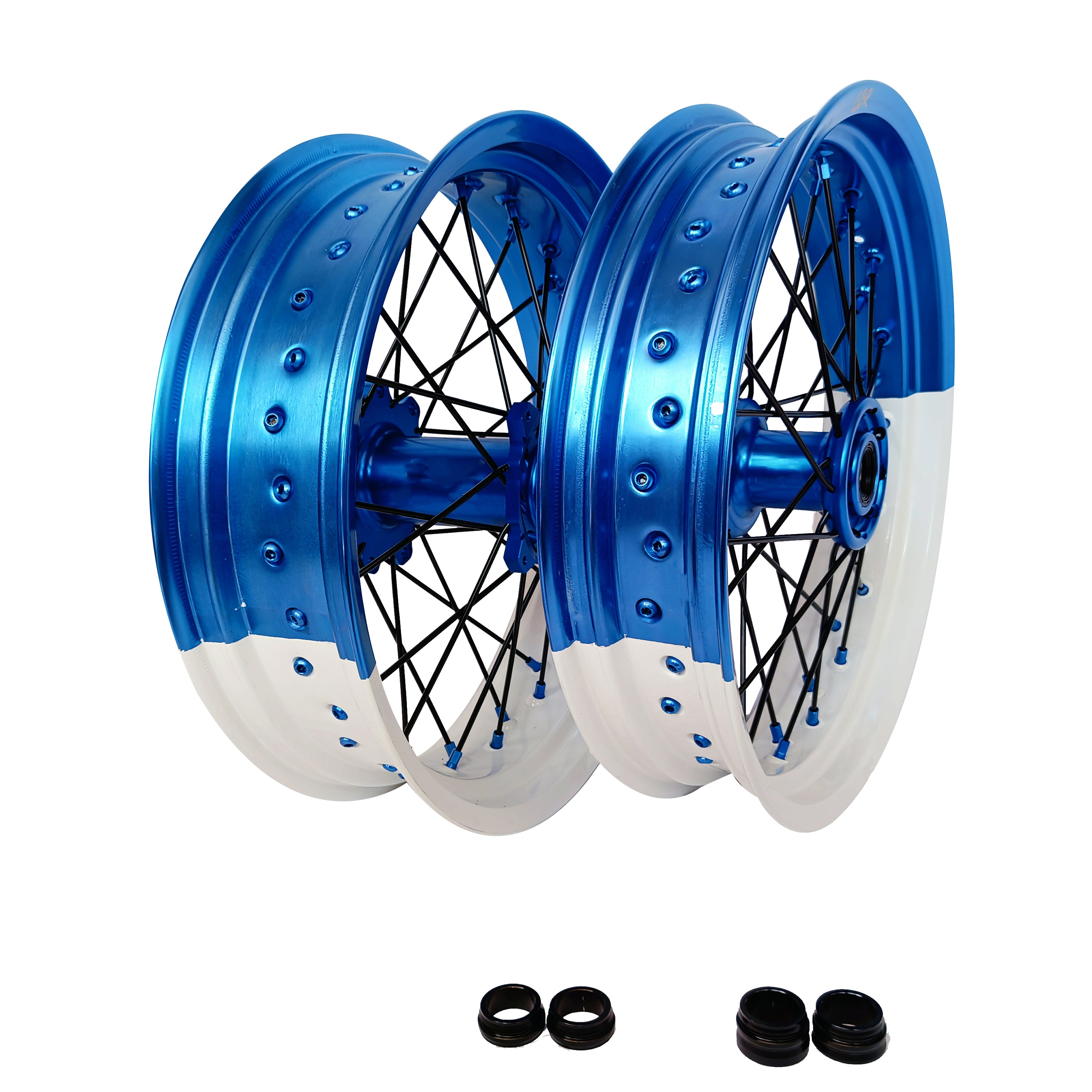 Customizable 17 Inch 36 Spoke Blue And White Bicolor  Rim Blue Hub Motard Wheels  Supermoto Wheels for TM EN MX SMR 125-300